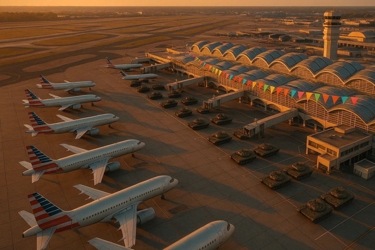 an airport with airplanes parked on the ground