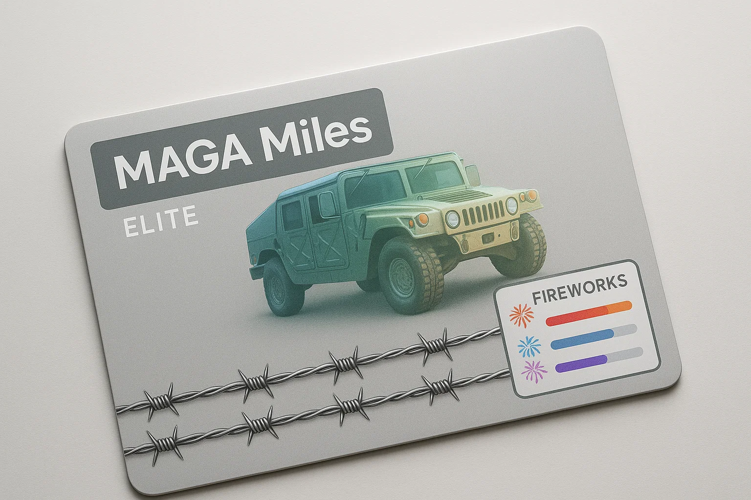 a card with a picture of a military vehicle and barbed wire