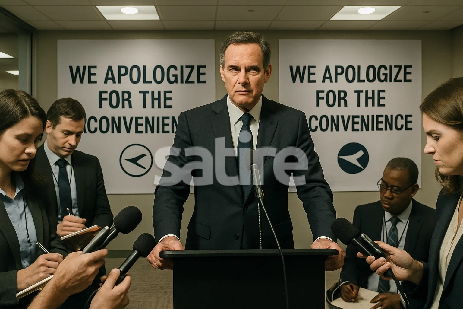 AA executive reading an apology from a teleprompter entitled 'Insert Apology Here'