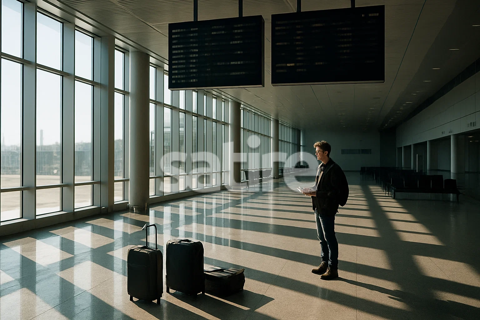 Passenger alone in a hallway, suitcase in hand, questioning life choices