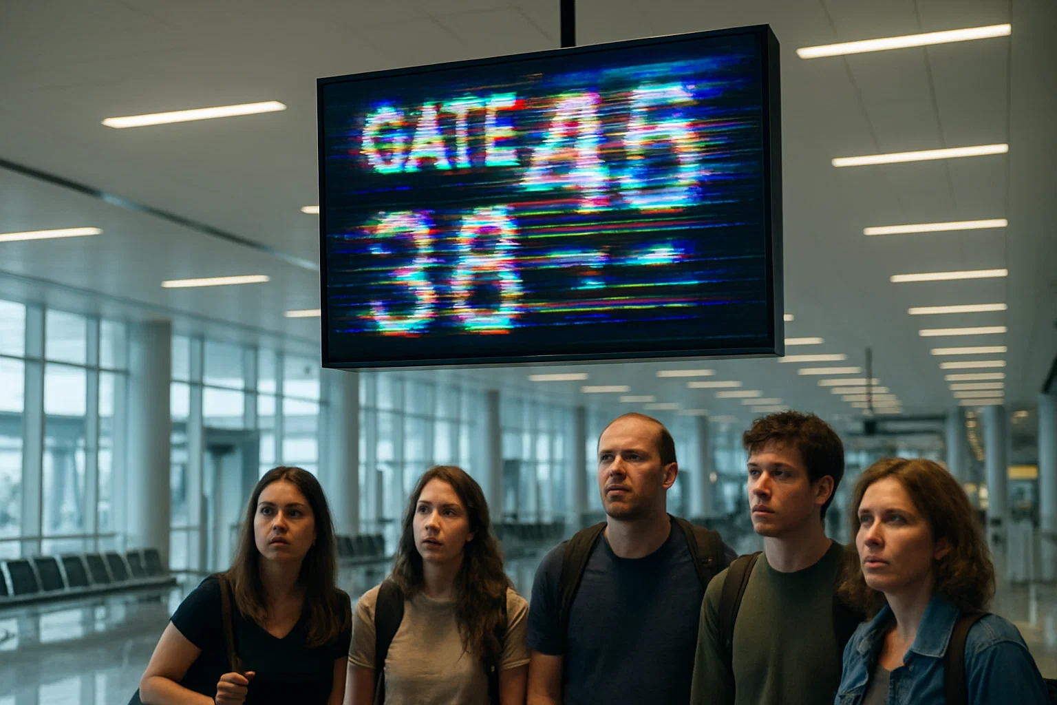 Passengers staring at five different gate screens that all disagree