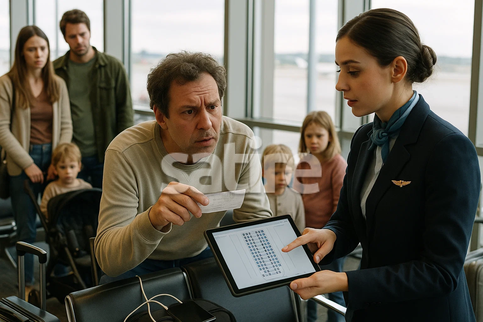 Gate agent shows a family that their seats have spiritually moved on