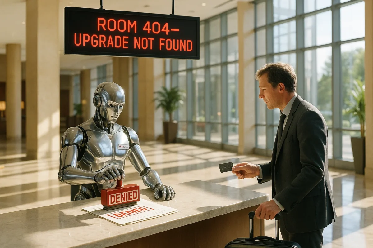 a man in a suit standing at a desk with a robot