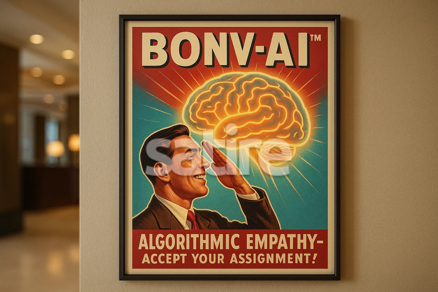 a framed picture of a man saluting a brain