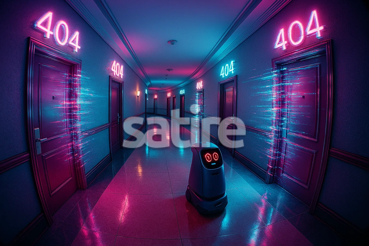 a robot in a hallway with doors and numbers