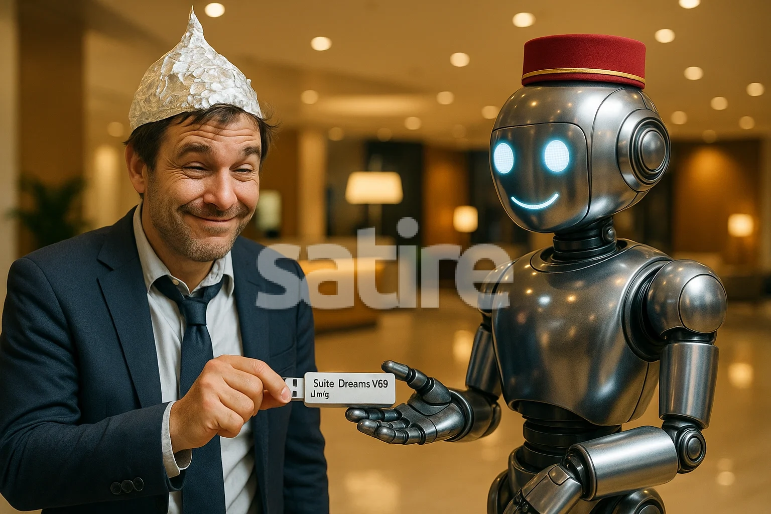 a man in a suit holding a card with a robot in front of him