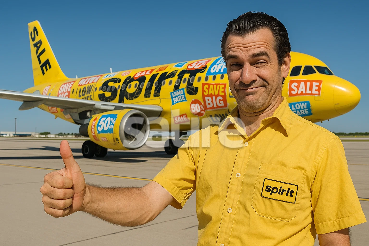 a man in a yellow shirt giving a thumbs up in front of a plane
