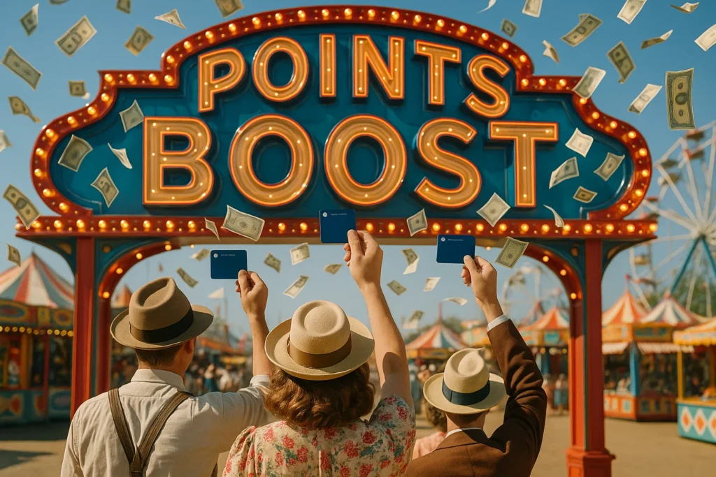 Retro-color carnival poster: towering neon 'POINTS BOOST' marquee, tiny confused travelers in vintage garb waving Sapphire cards while dollar bills swirl like confetti.