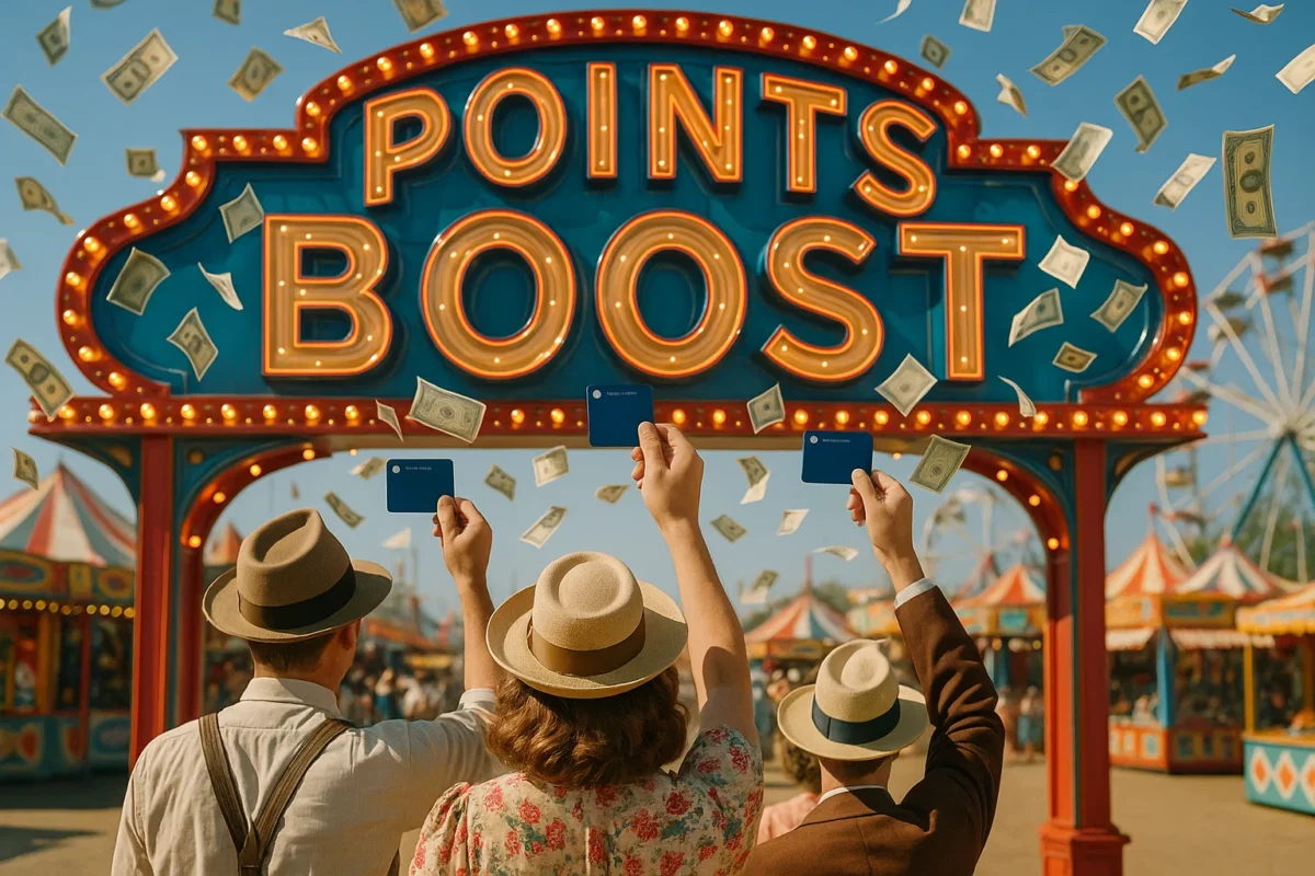 Retro-color carnival poster: towering neon 'POINTS BOOST' marquee, tiny confused travelers in vintage garb waving Sapphire cards while dollar bills swirl like confetti.