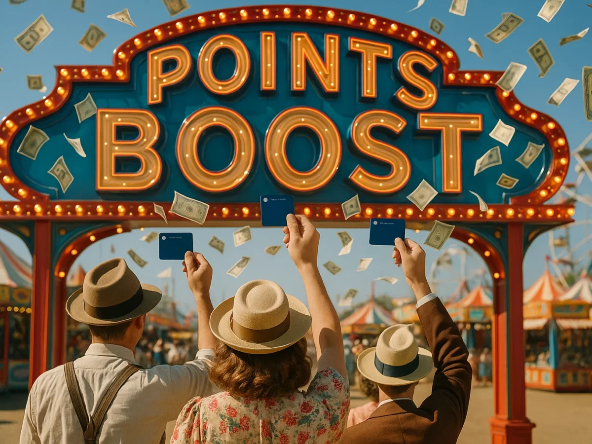 Retro-color carnival poster: towering neon 'POINTS BOOST' marquee, tiny confused travelers in vintage garb waving Sapphire cards while dollar bills swirl like confetti.