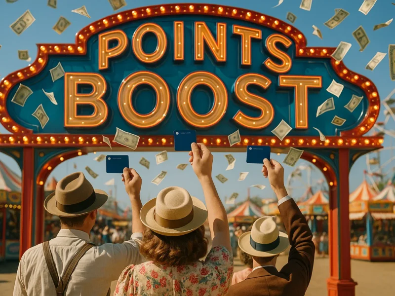 Retro-color carnival poster: towering neon 'POINTS BOOST' marquee, tiny confused travelers in vintage garb waving Sapphire cards while dollar bills swirl like confetti.