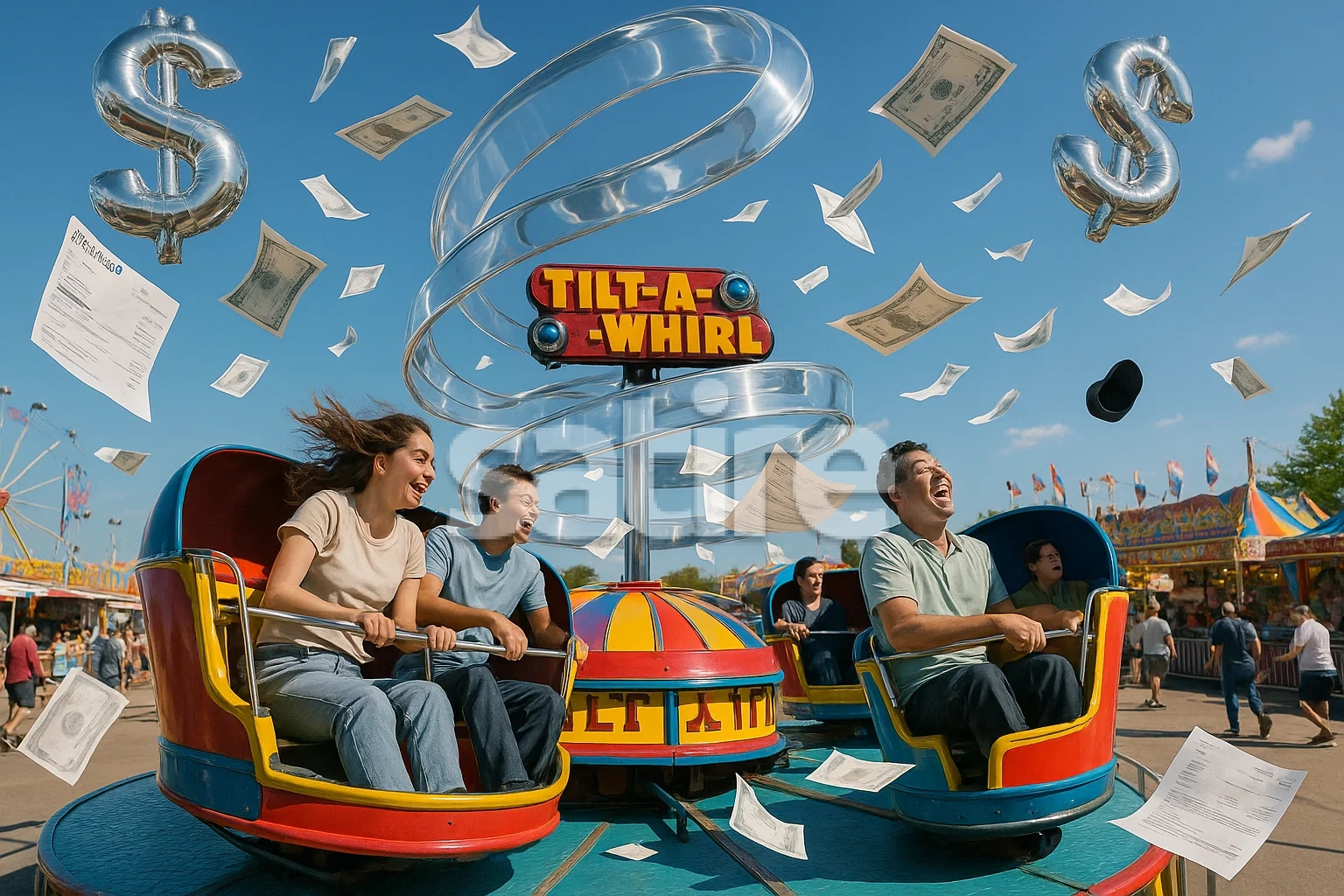 Spinning news-ticker ribbon winding around a Tilt-A-Whirl; dollar signs and Chase statements flying into the night.
