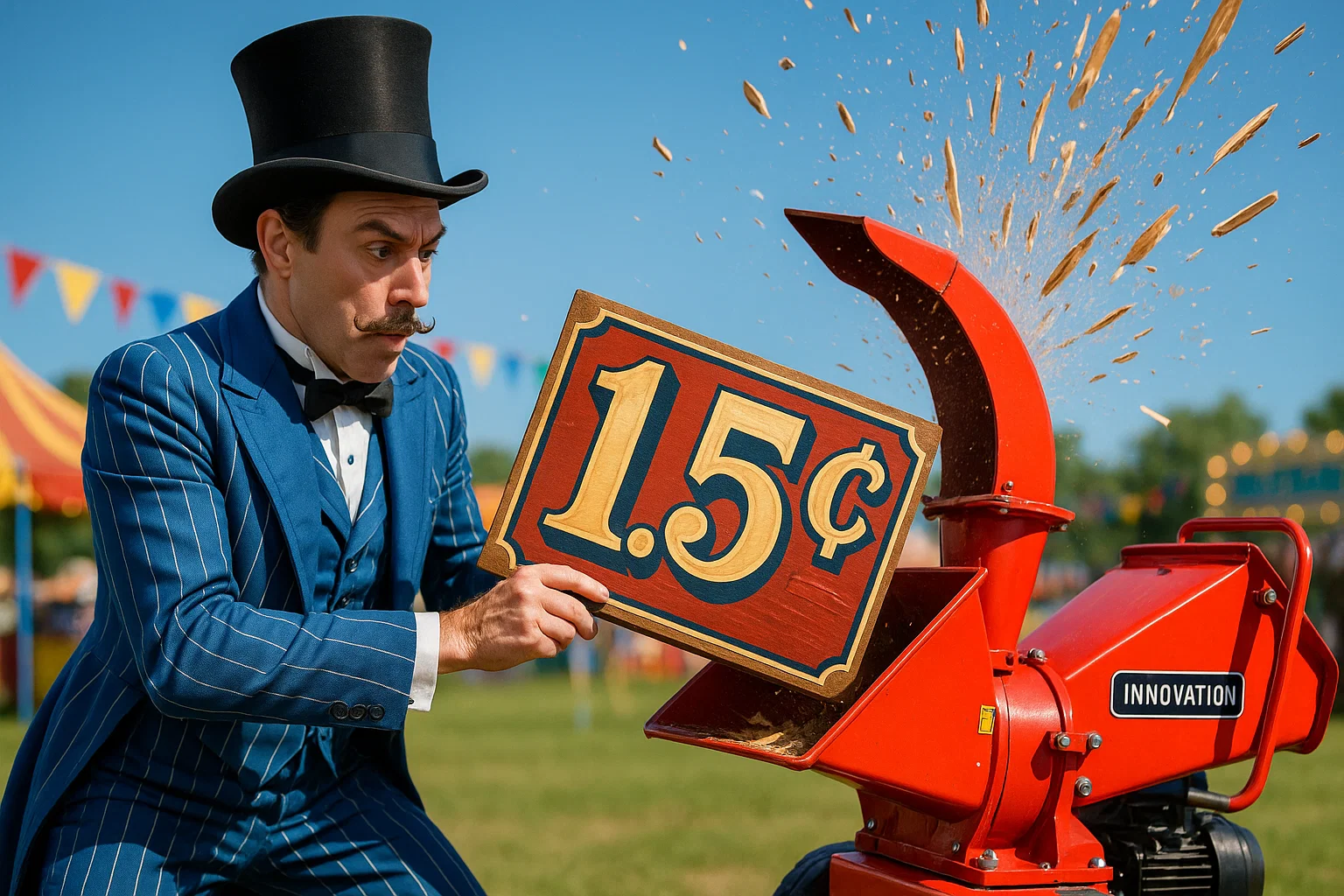 Ringmaster with top hat in blue pinstripes feeding a '1.5¢' sign into a red wood-chipper labeled 'Innovation'; splinters flying skyward.