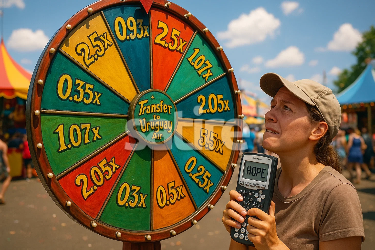 Oversized carnival wheel covered in wacky multipliers like 0.93× and 'Transfer-to-Uruguay Air'; nervous player clings to a TI-84 labeled 'Hope'.
