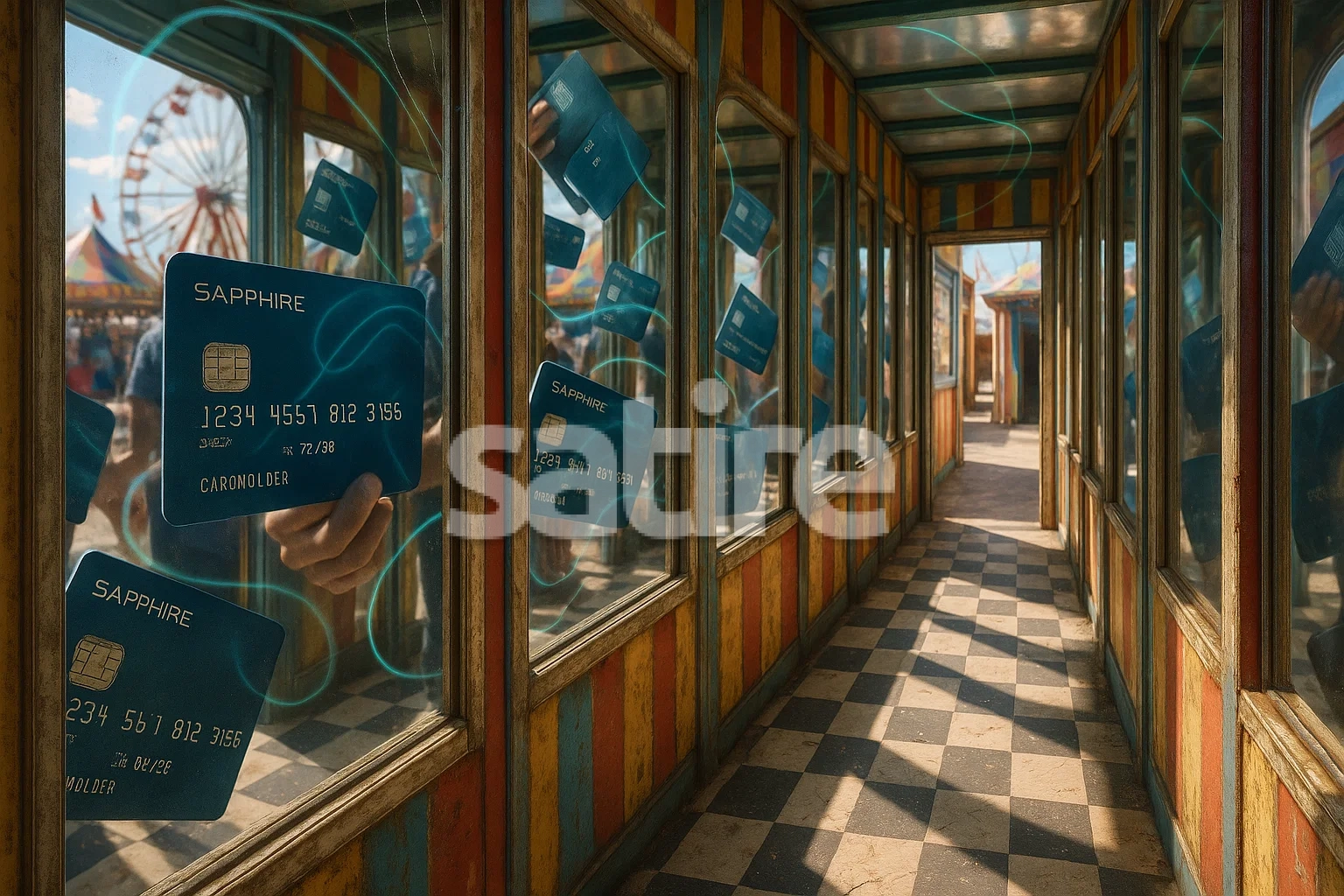 Fun-house corridor of mirrors reflecting endless Sapphire cards, tangled fine-print slithering across glass.