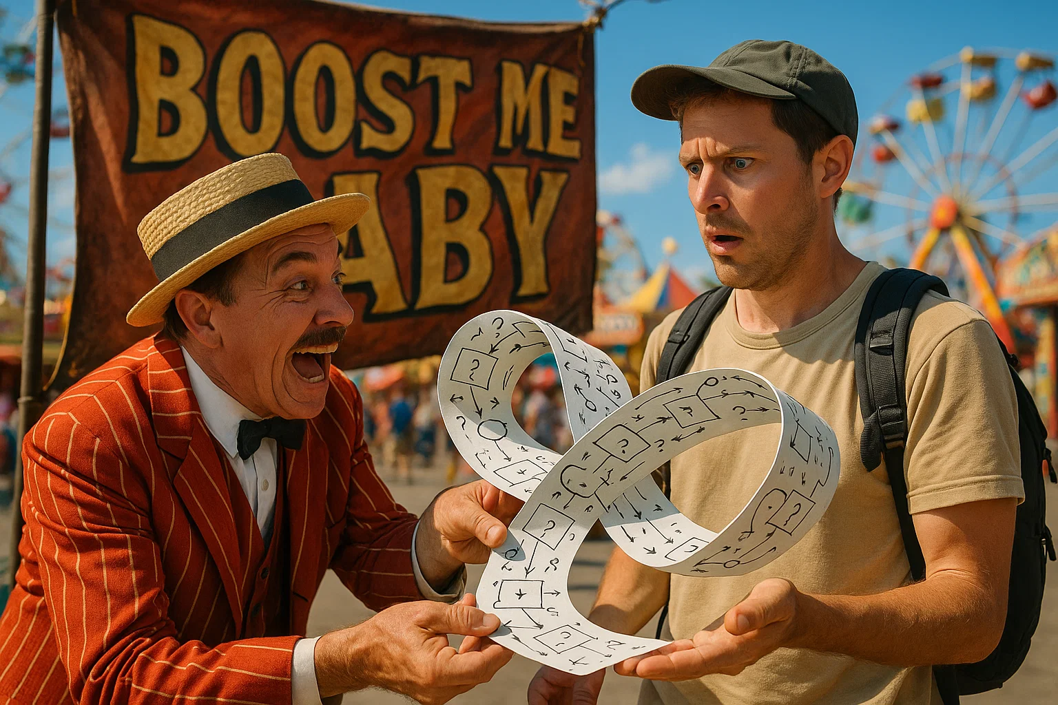 Carnival barker with megaphone hands a Möbius-strip flowchart to a baffled traveler; in the background, a bright 'Boost Me Baby' banner flaps in the wind.