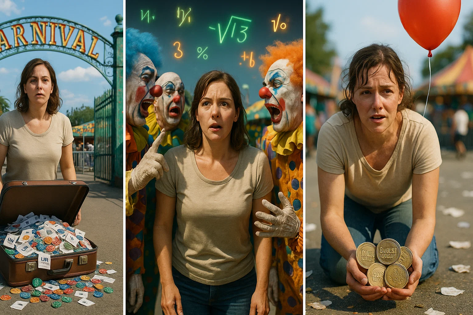 Comic strip: panel one, Tammy with suitcase and hopeful smile; panel two, beaming clowns toss equations; panel three, tired Tammy holds seven 'Boost Bucks' and a balloon.