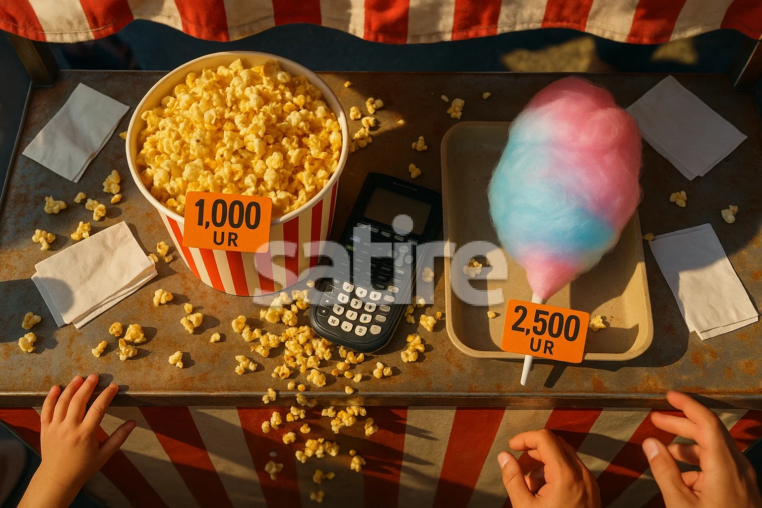 Carnival concession stand from above: popcorn costs 1,000 UR; calculator lies in the spilled kernels.