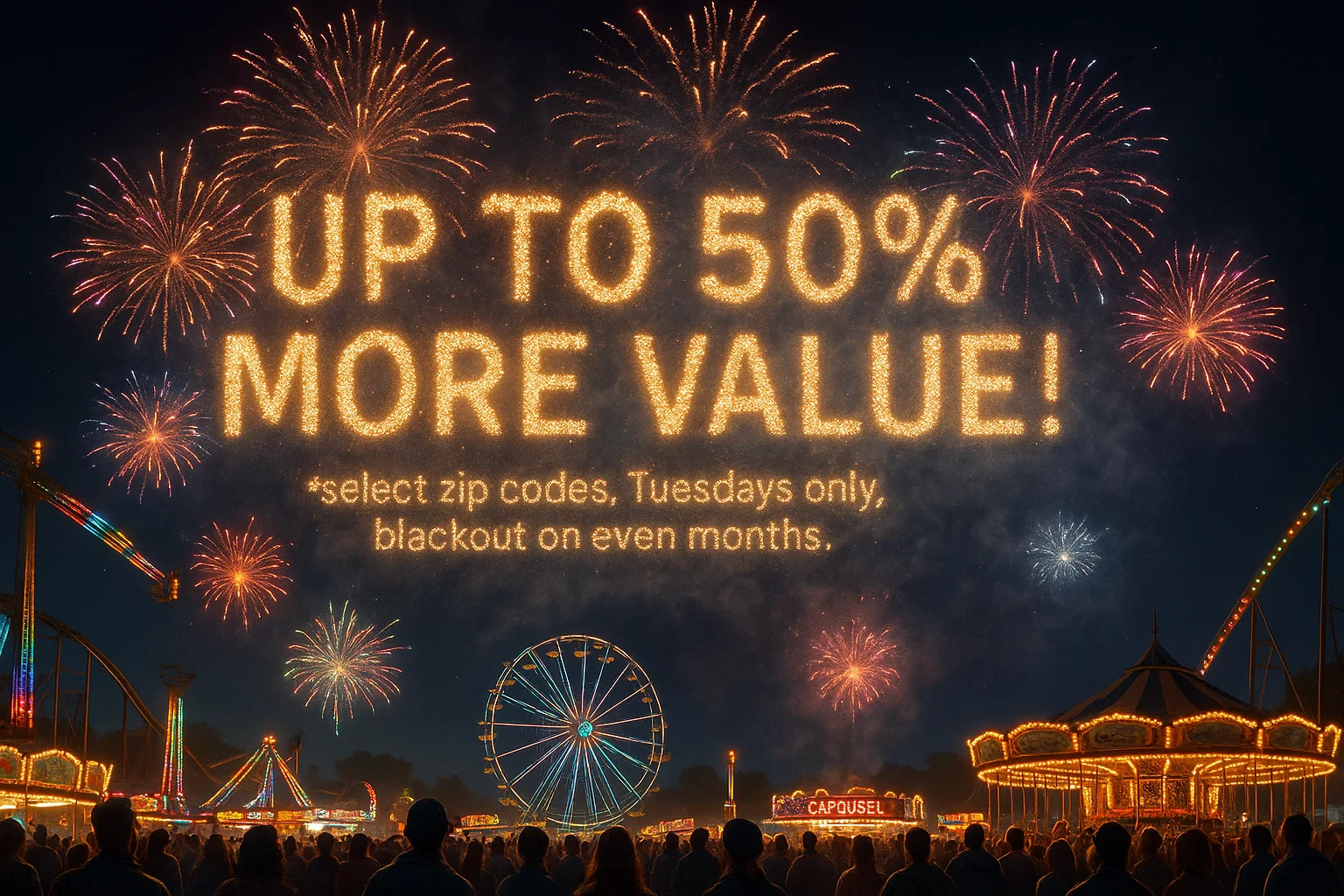 Fireworks spell ‘UP TO 50% MORE VALUE!’ over the carnival; footnoted smoke reveals terms and blackout dates.