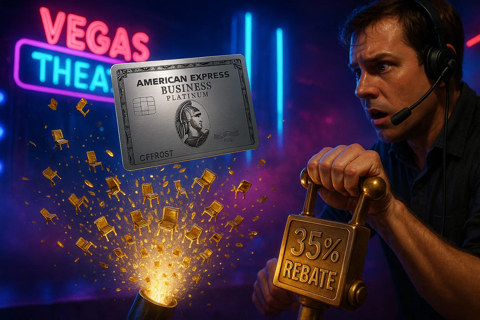 Hyper-realistic close-up: chrome Business Platinum card hovers over neon stage; gold confetti shaped like tiny airline seats erupts from an air cannon while a frantic stagehand clutches a brass lever engraved ‘35 % Rebate’.