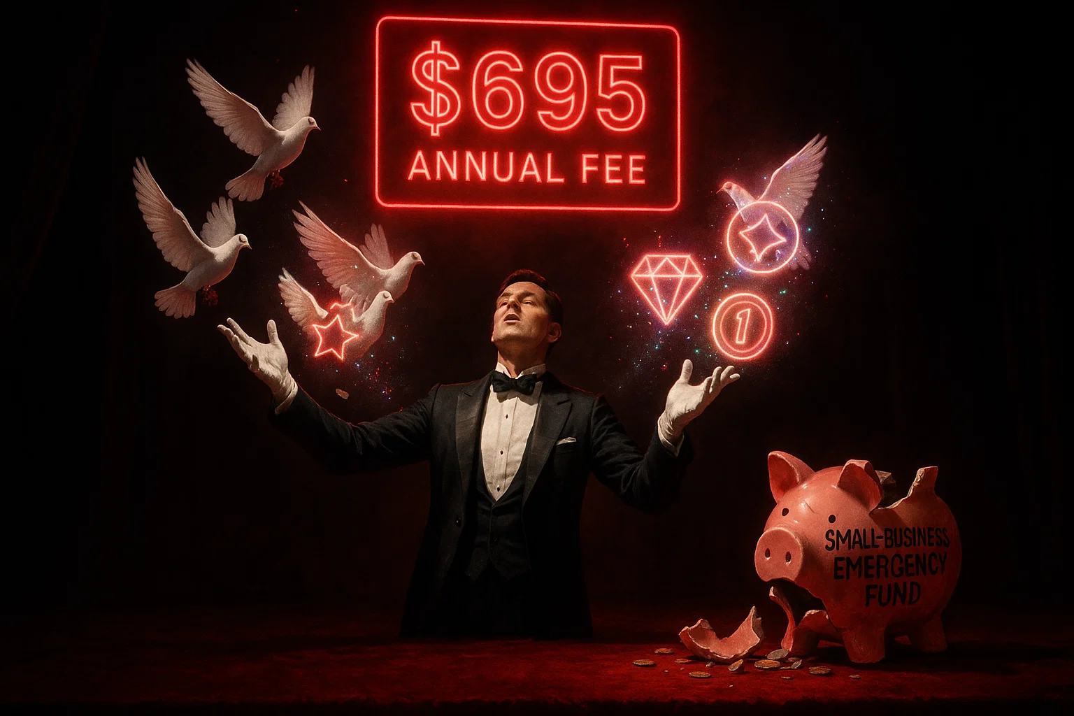Photorealistic scene: magician releases snowy white doves mid-flight that transform into shimmering digital point-icons; above, a holographic ‘$695 Annual Fee’ sign hovers menacingly, casting ruby light on a shattered piggy bank labelled ‘Small-Business Emergency Fund’.