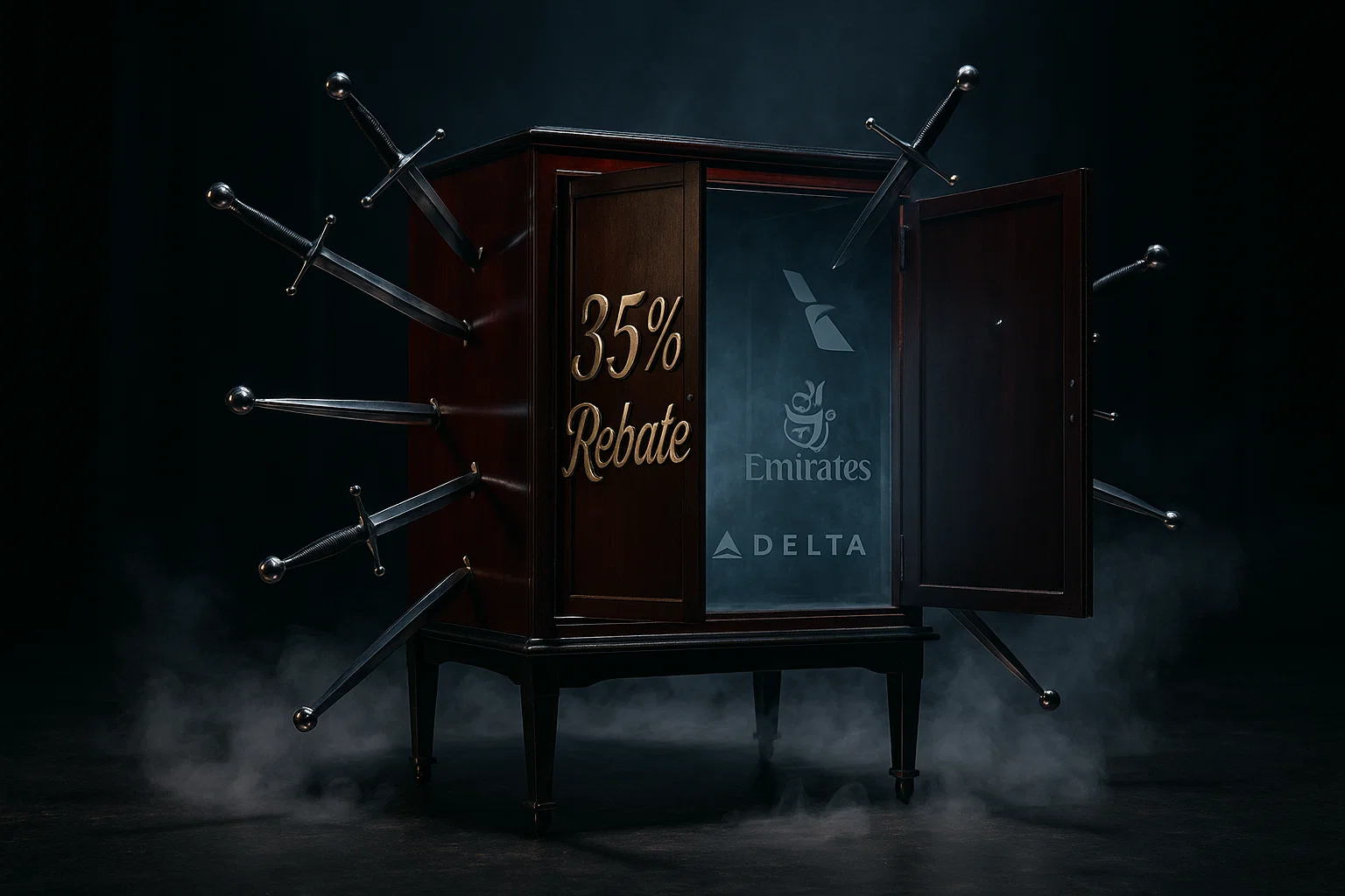 Ultra-detailed tableau: lacquered cabinet emblazoned ‘35 % Rebate’; chrome swords thrust through; doors swing open to reveal emptiness while ghostly airline logos hover, smirking; dry-ice fog curls over ebony stage.