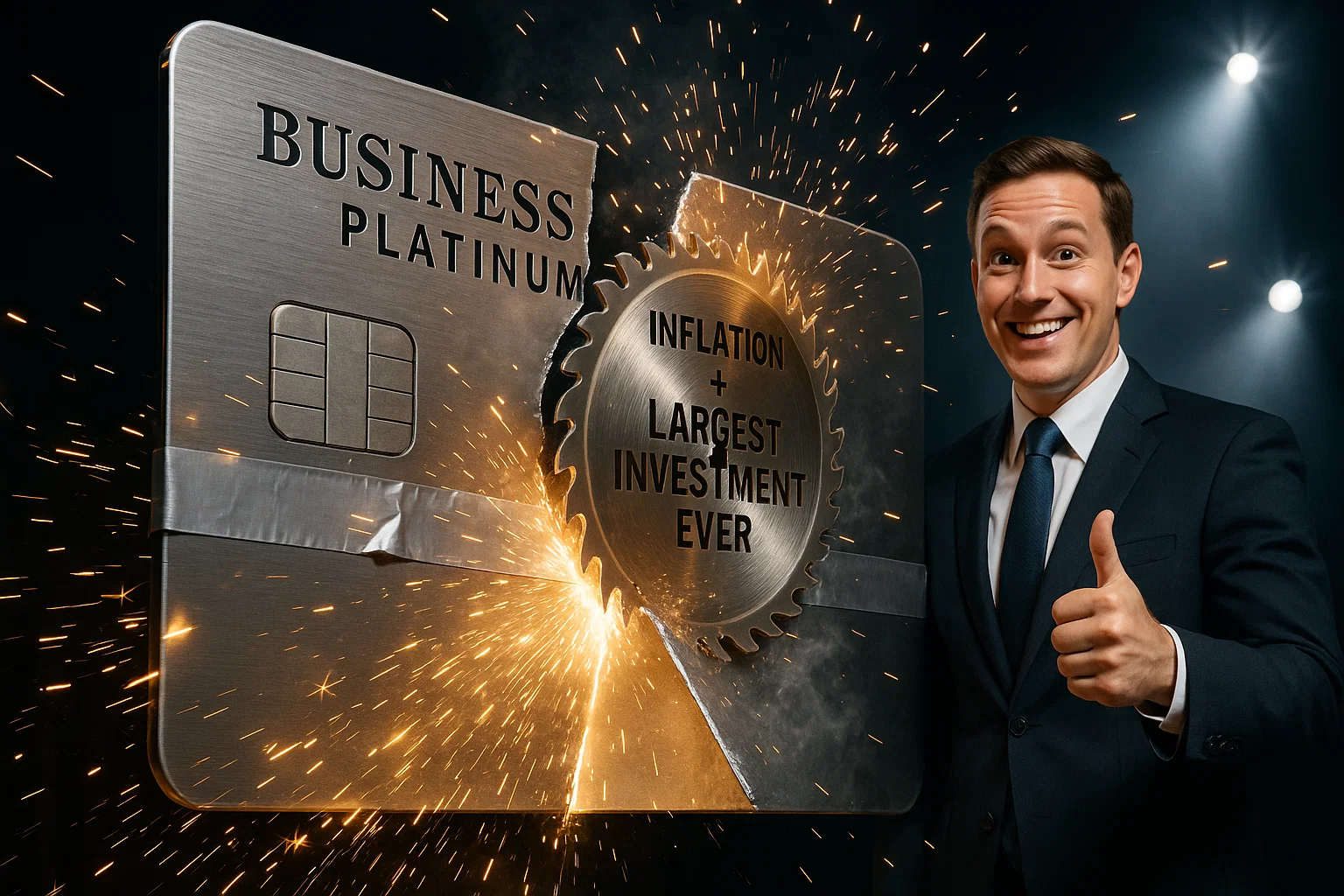 Hyper-realistic close-up: giant titanium Business Platinum prop box splits apart as a circular saw labelled ‘Inflation + Largest Investment Ever’ showers sparks; volunteer in business suit flashes a thumbs-up while a silver duct-tape seam glows under stage lights.