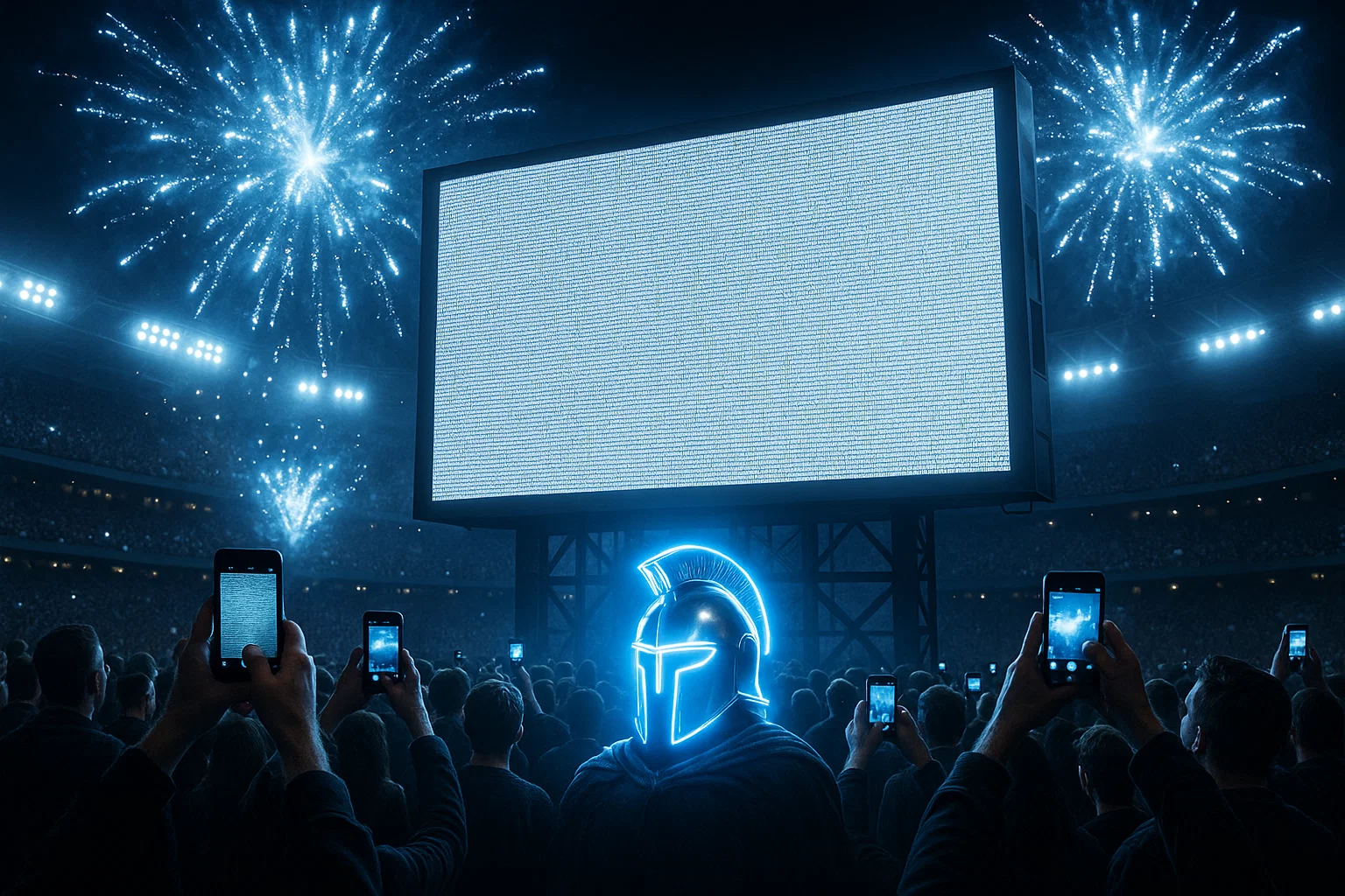Photorealistic jumbotron crammed with microscopic legal text while blue-white glitter fireworks burst overhead; crowd members frantically zoom smartphones; a glowing Centurion helmet flashes like a distress beacon.