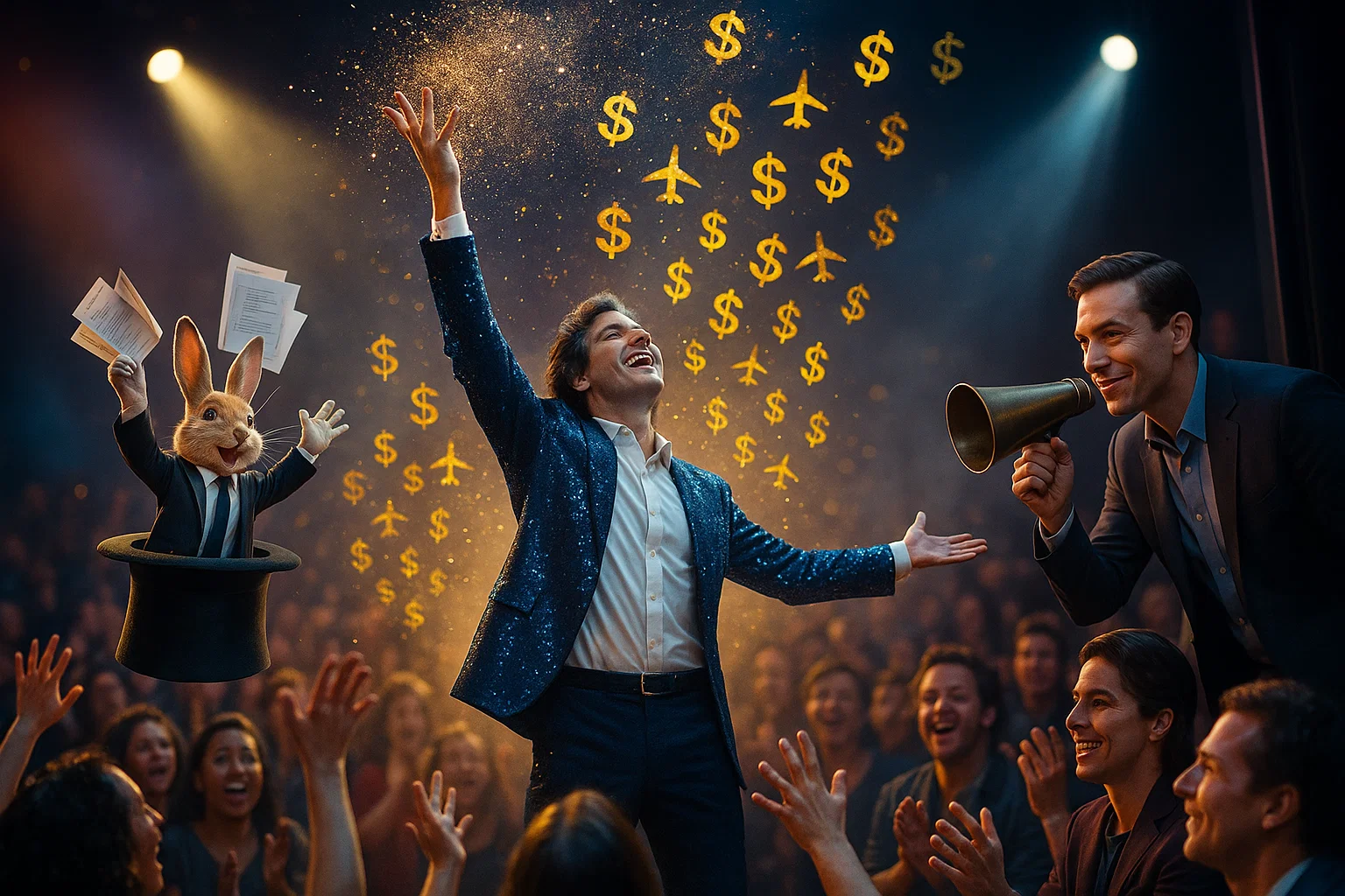 Cinematic crowd scene: sequined Points Paladin tosses glitter morphing into airline surcharges; CFO rabbit pops from top-hat waving audit papers; megaphone-wielding Amex rep smirks from wings.