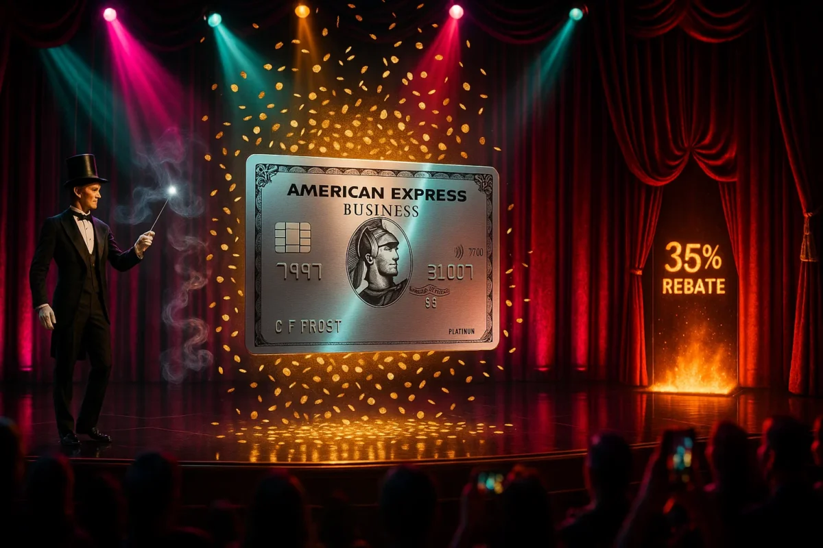 Photorealistic Las-Vegas stage awash in neon pinks and violets: a giant chrome American Express Business Platinum card levitates center-stage while 150 000 golden Membership Rewards points rain like confetti; at stage left, a tuxedoed magician flourishes a wand, and at stage right a velvet curtain parts to reveal a trapdoor labelled ‘35 % Rebate’ dropping into darkness; silhouetted audience gasps, phone screens glowing.