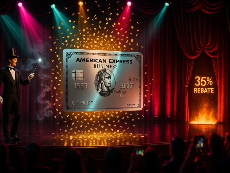 Photorealistic Las-Vegas stage awash in neon pinks and violets: a giant chrome American Express Business Platinum card levitates center-stage while 150 000 golden Membership Rewards points rain like confetti; at stage left, a tuxedoed magician flourishes a wand, and at stage right a velvet curtain parts to reveal a trapdoor labelled ‘35 % Rebate’ dropping into darkness; silhouetted audience gasps, phone screens glowing.