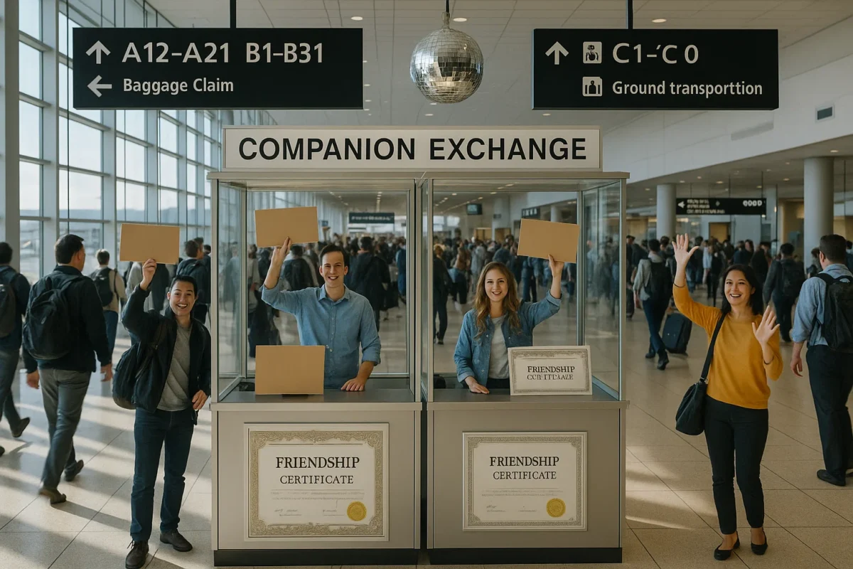 a group of people standing in front of a sign