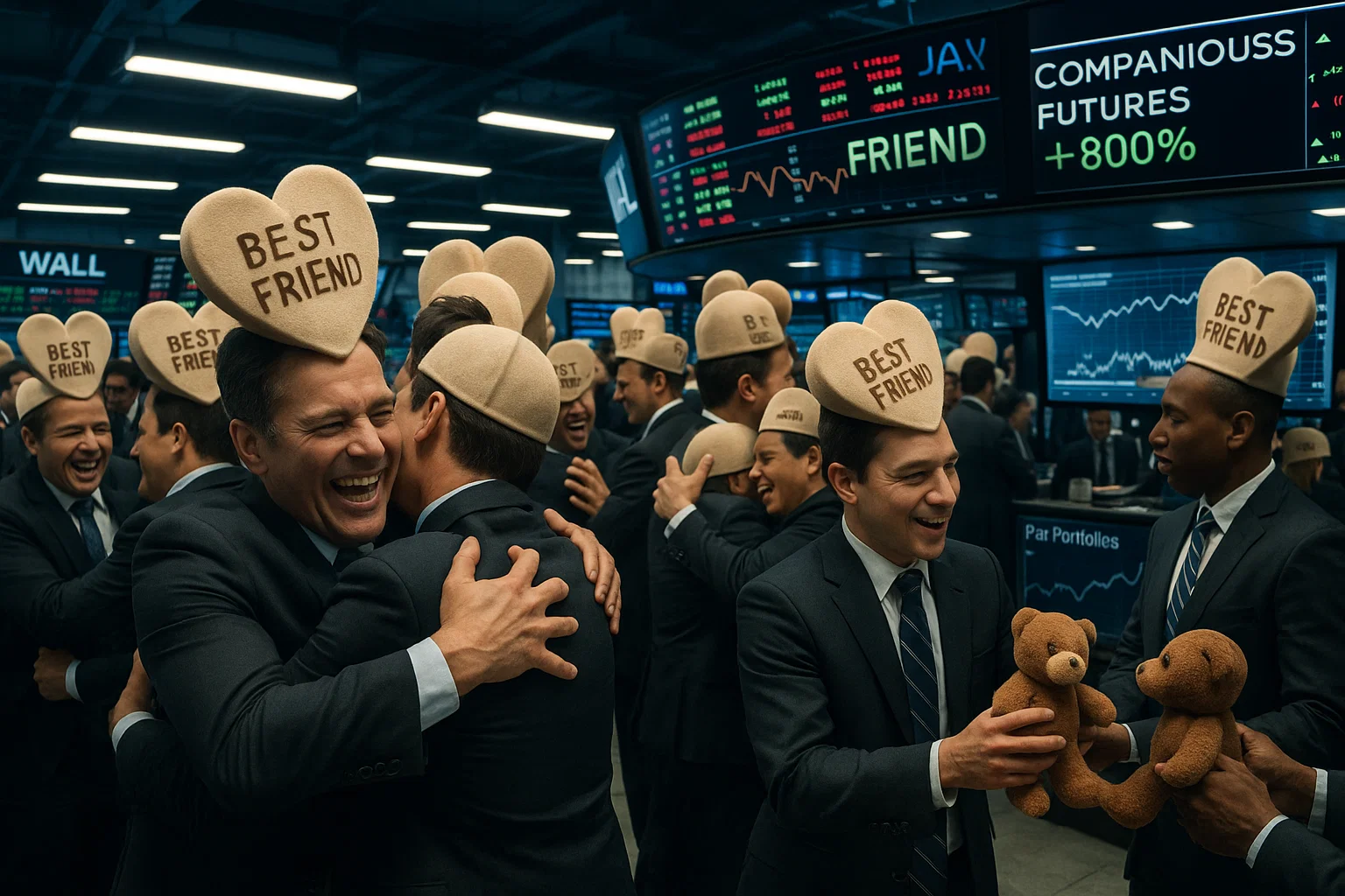 a group of men in suits hugging each other