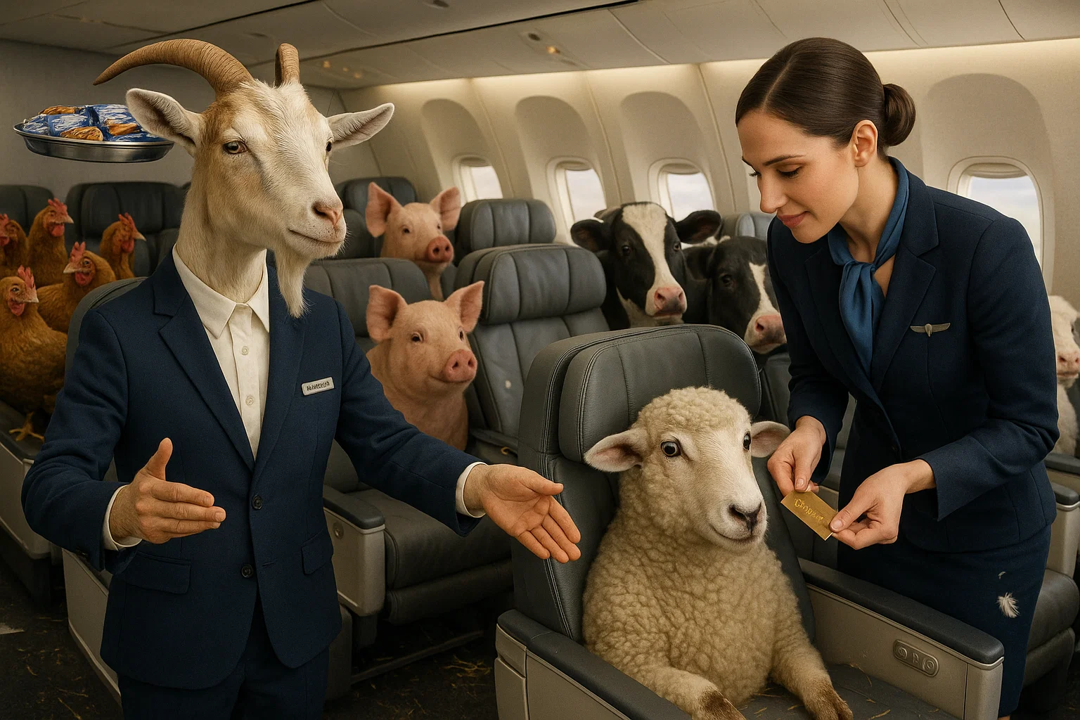 a woman feeding sheep in a plane