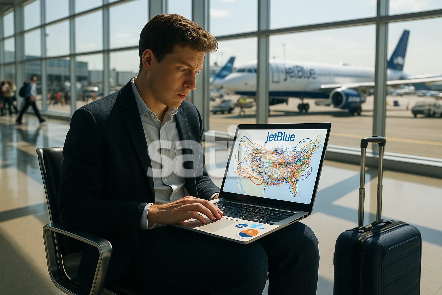 photorealistic traveler in a sun-filled terminal studying an impossibly tangled JetBlue route network on a laptop