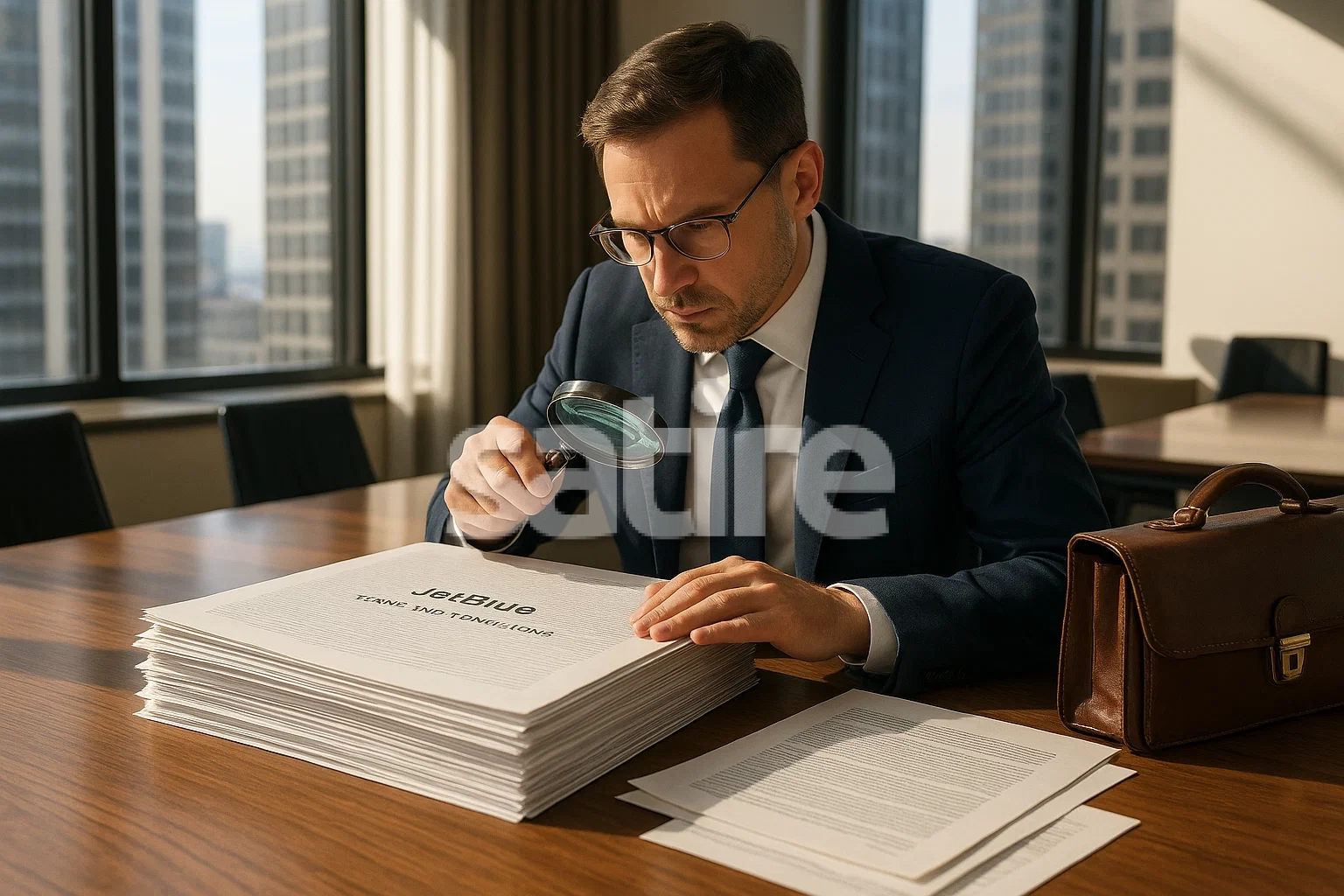 photorealistic attorney poring over a skyscraper-high stack of JetBlue terms and conditions in a brightly lit boardroom