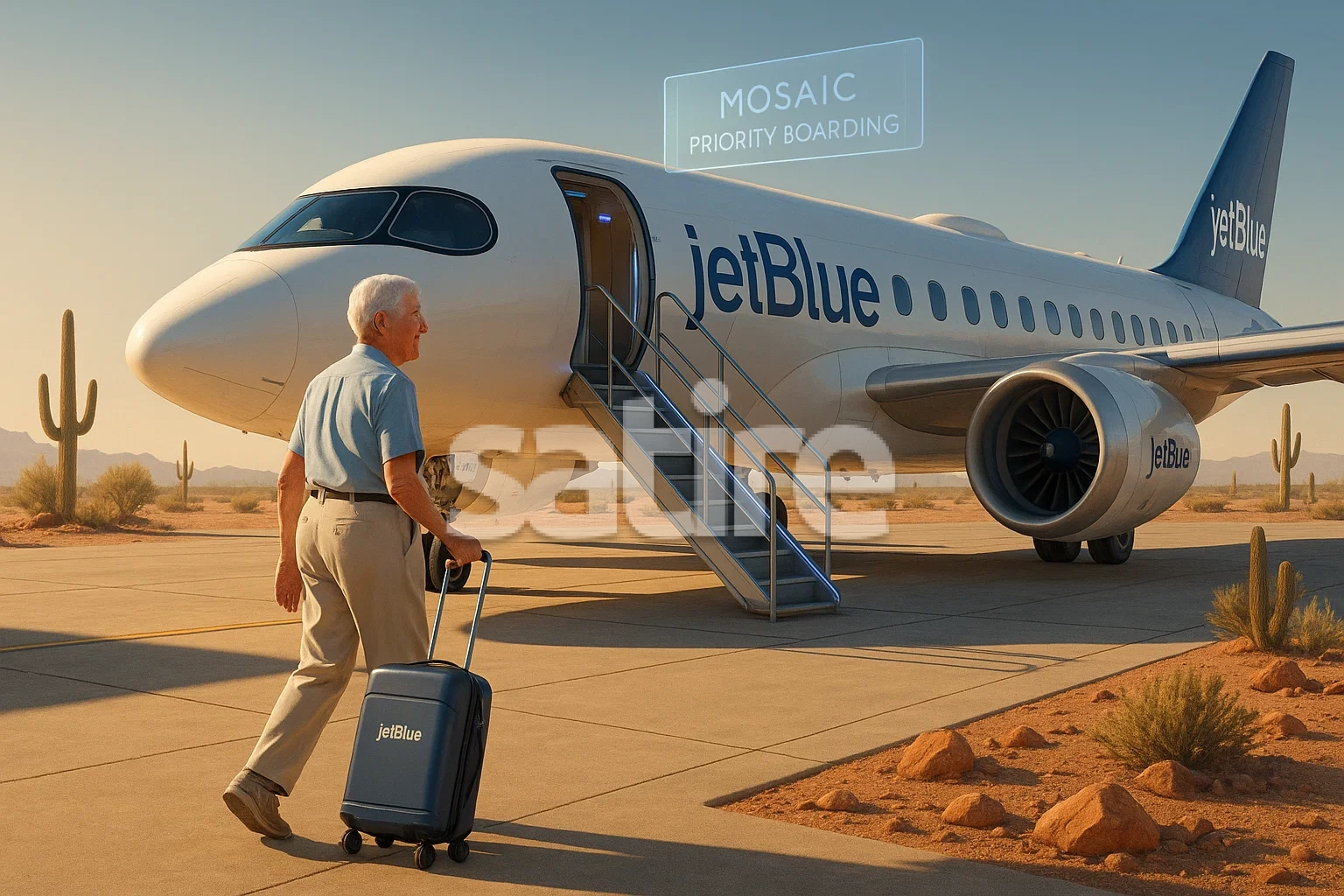 photorealistic elderly traveler boarding a sleek electric JetBlue shuttle under a blazing desert sun, holographic gate sign reading Mosaic Priority