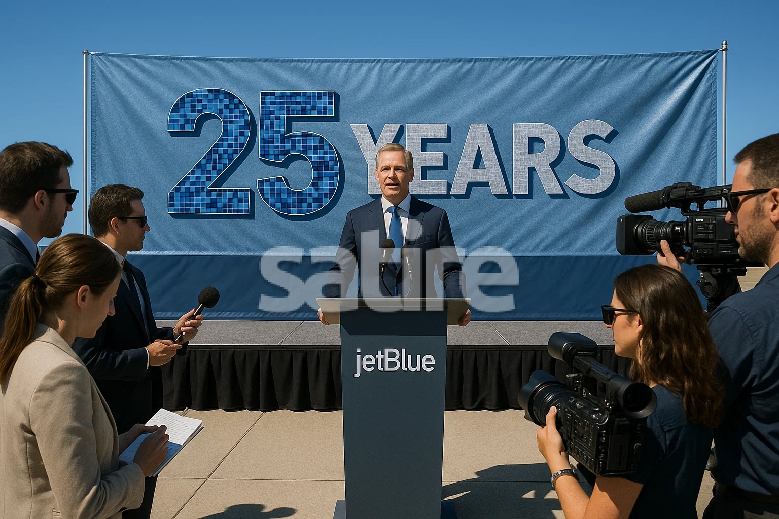 photorealistic JetBlue vice-president at an outdoor podium beneath a colossal 25 Years Mosaic banner, sunlight flaring off microphones