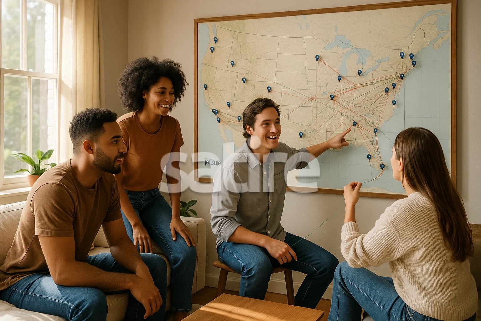 photorealistic group of friends in a sunlit loft mapping JetBlue destinations with neon strings and pushpins