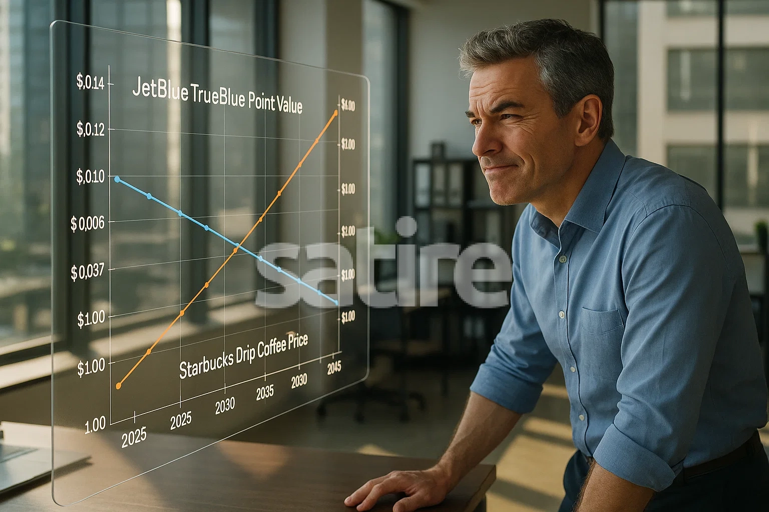 photorealistic economist squinting at a translucent screen graphing JetBlue point value against coffee prices