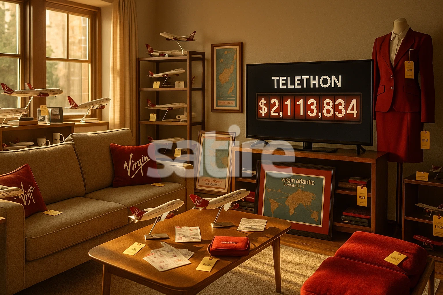 a living room with a television and model airplanes
