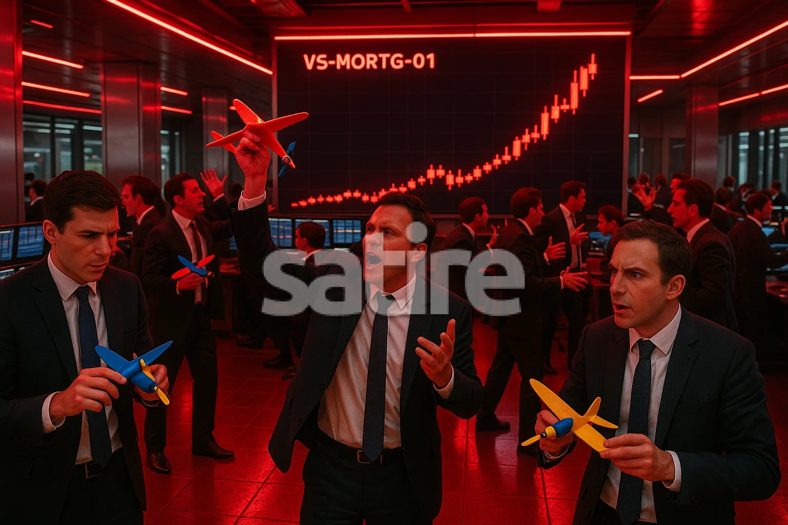a group of men in suits holding toy airplanes