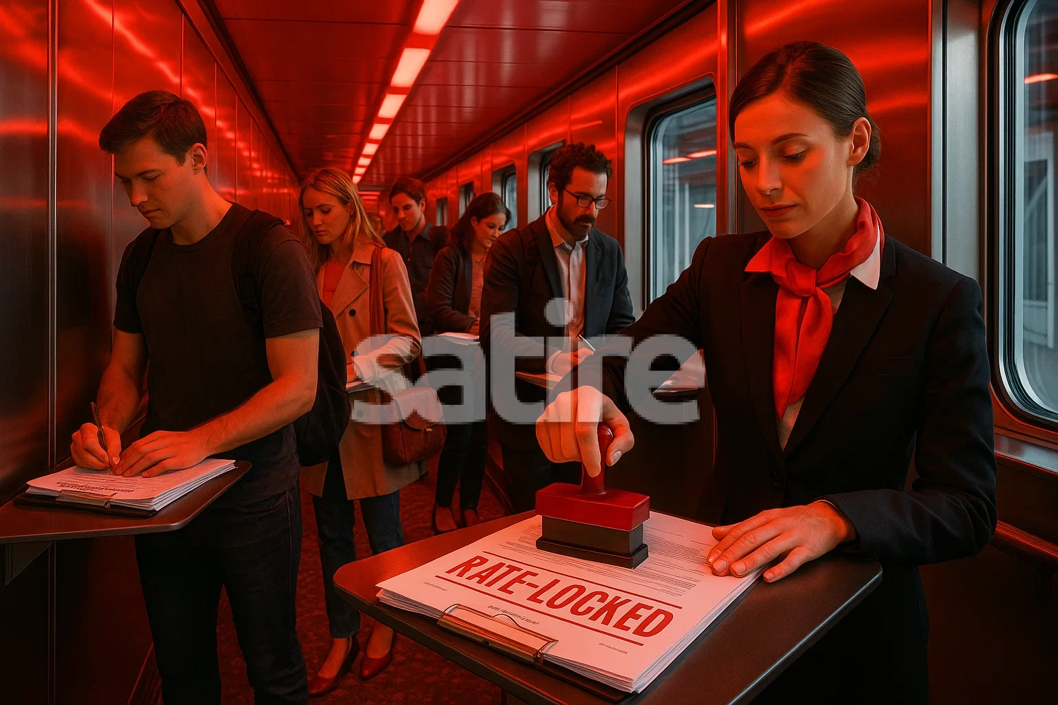 a woman pressing a stamp on a table with people in the background