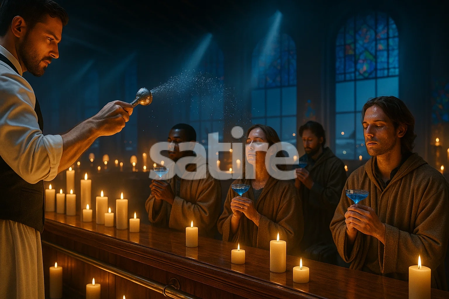 a group of people in robes pouring liquid into a glass
