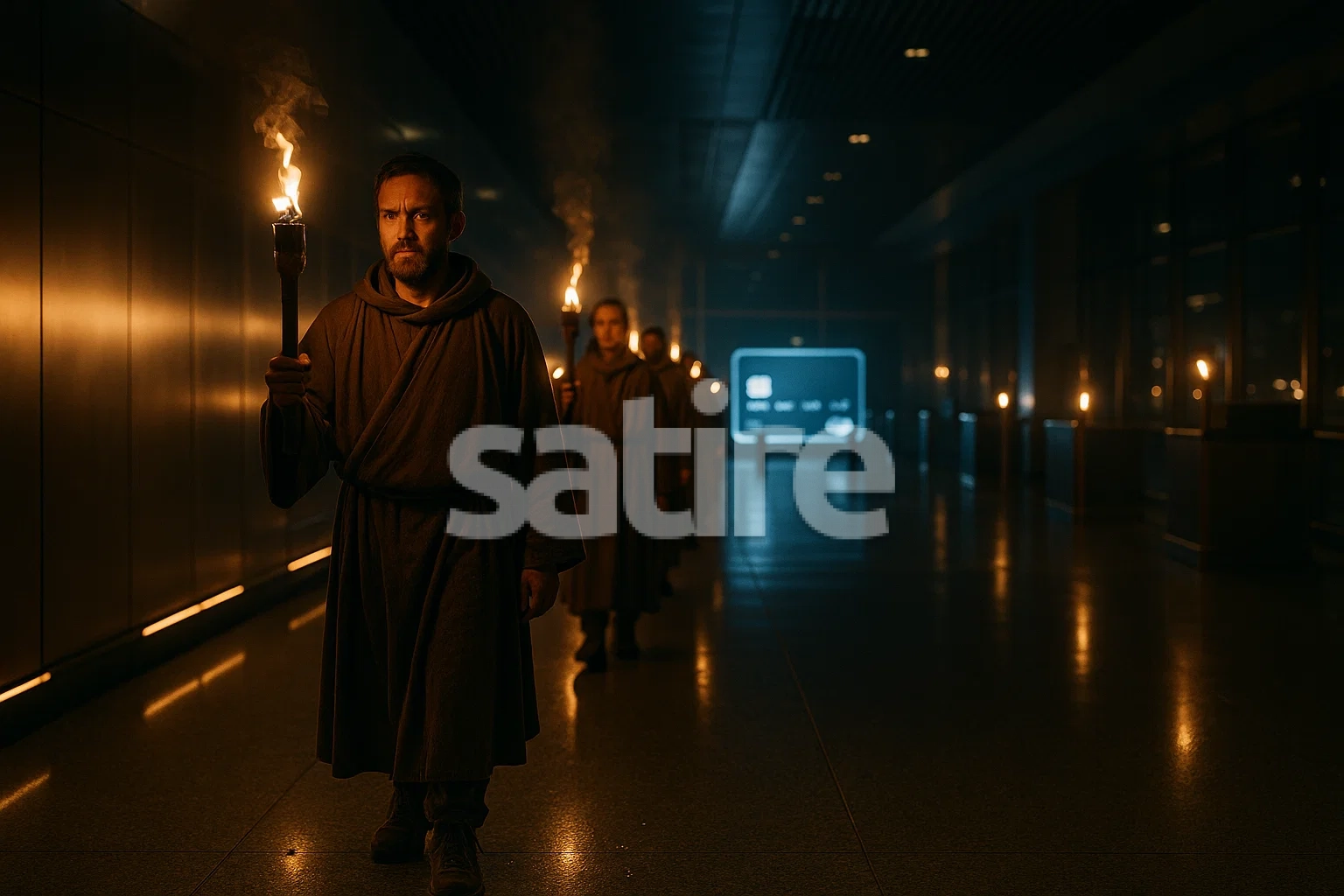 a group of men in robes holding torches