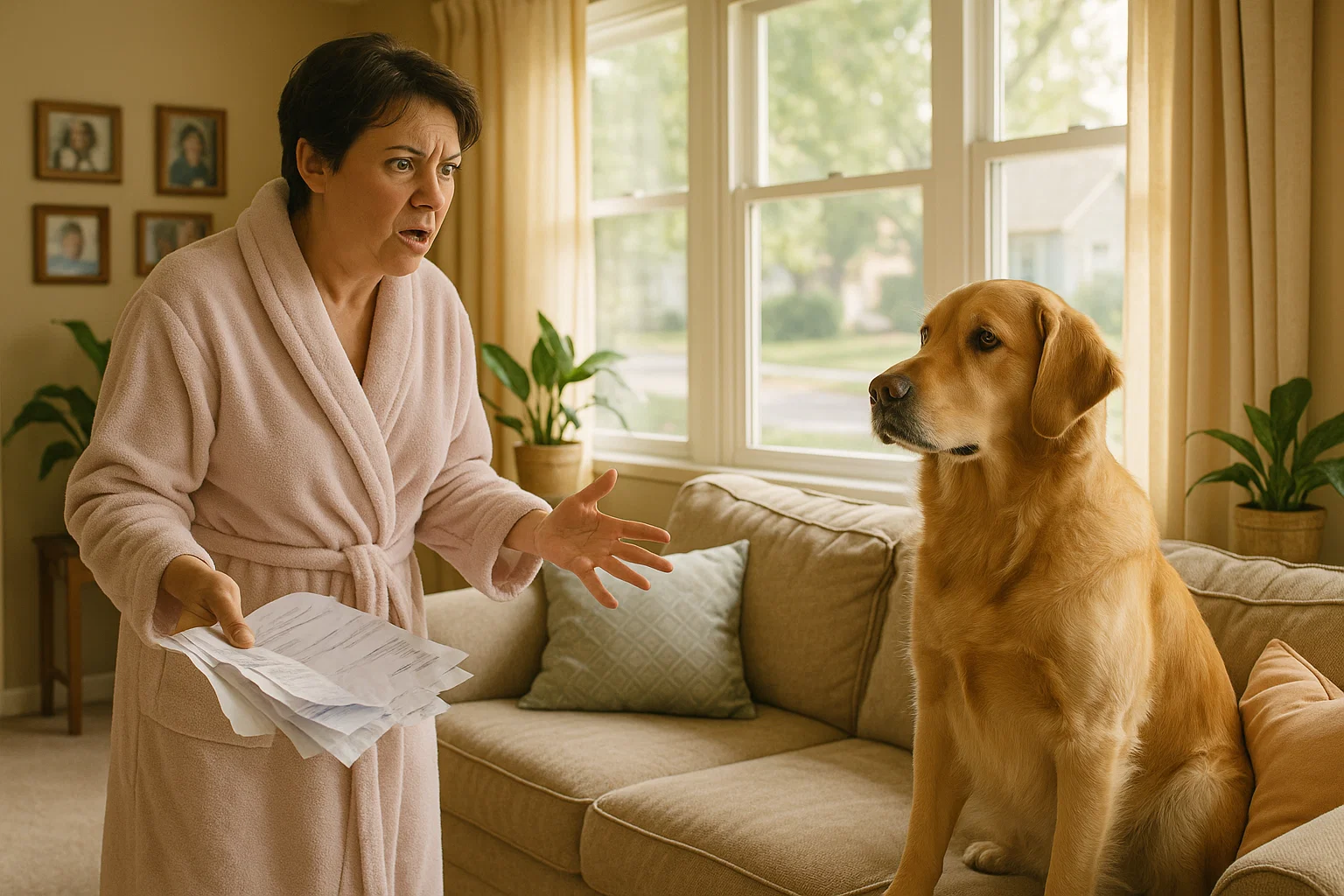 a woman in a bathrobe with a dog in front of her