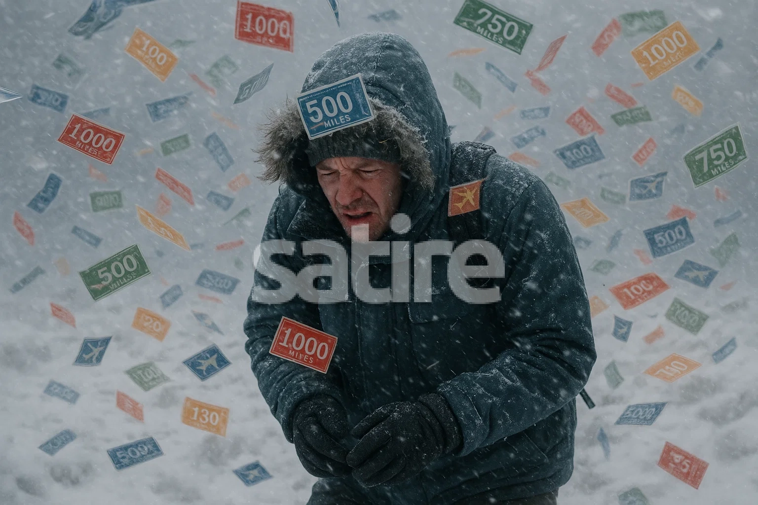 a man in a jacket with a hood and a sign in the snow