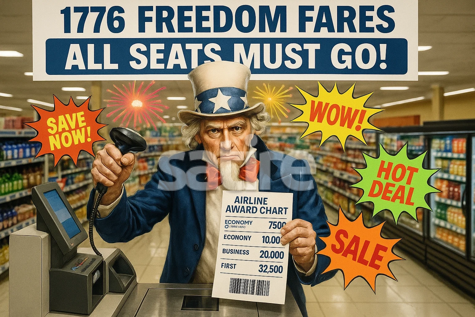 Photorealistic supermarket circular headlined 1776 FREEDOM FARES—ALL SEATS MUST GO! with Uncle Sam ringing up an airline award chart at self‑checkout, bright neon sale stickers exploding like fireworks