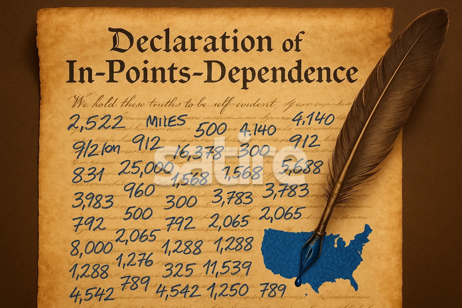 Photorealistic parchment titled Declaration of In-Points-Dependence covered in scribbled mileage figures and a feather quill dripping blue ink shaped like frequent-flyer points