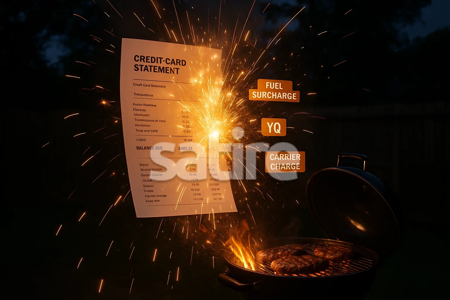 Photorealistic high‑speed photograph of a credit‑card statement exploding like a Roman candle—each spark labeled fuel surcharge, YQ, carrier charge—illuminating a backyard barbecue below